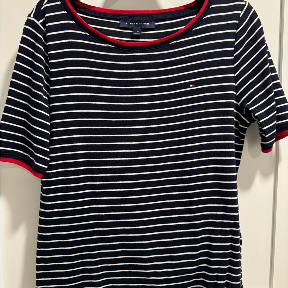 Tommy Hilfiger Fitted Blue and Red Ribbed T-Shirt